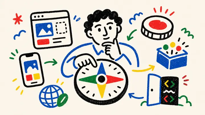 Yapay zekâ web sitesi oluşturucularını editör, alan adı, ödeme, veri ve kod erişimi ölçütleriyle değerlendiren seçim görseli