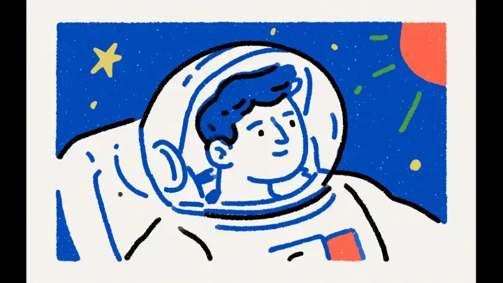 Uzay giysili bir astronotu ve yıldızları gösteren mavi-kırmızı illüstrasyon