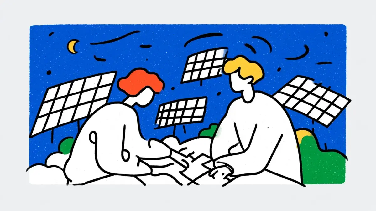 Yörüngedeki veri merkezi panellerini inceleyen iki kişiyi gösteren illüstrasyon