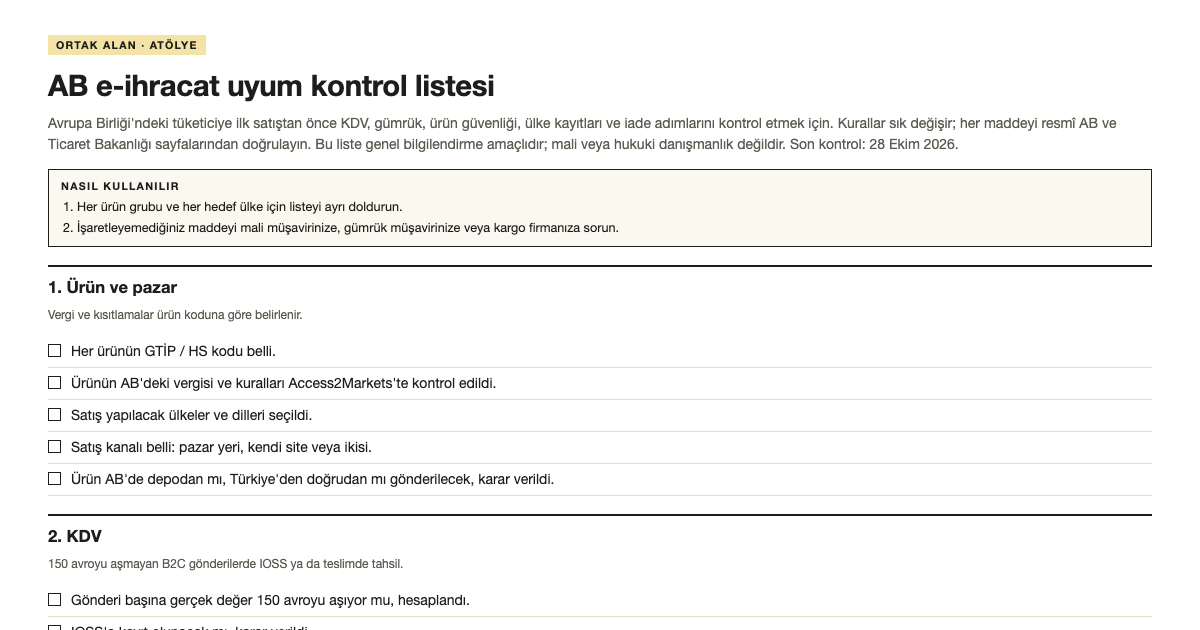 AB e-ihracat uyum kontrol listesi şablonunun ilk bölümü