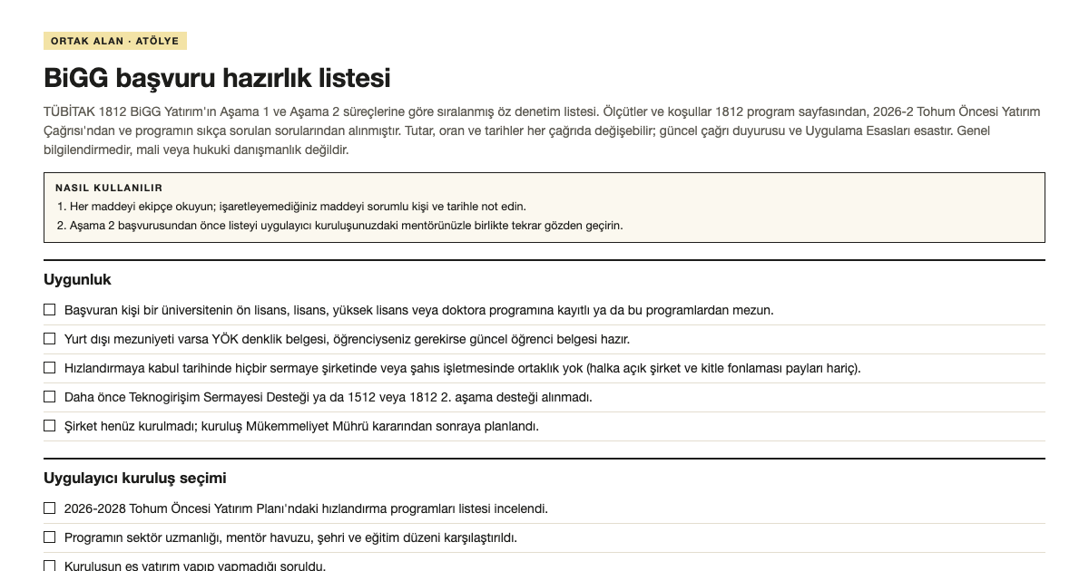 BiGG başvuru hazırlık listesi şablonunun ilk bölümü
