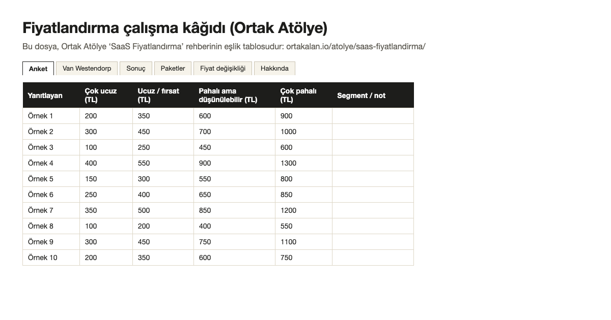 Fiyatlandırma çalışma kağıdı şablonunun ilk sayfası