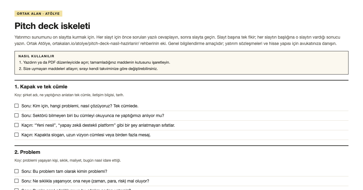 Pitch deck iskeleti şablonunun ilk bölümü