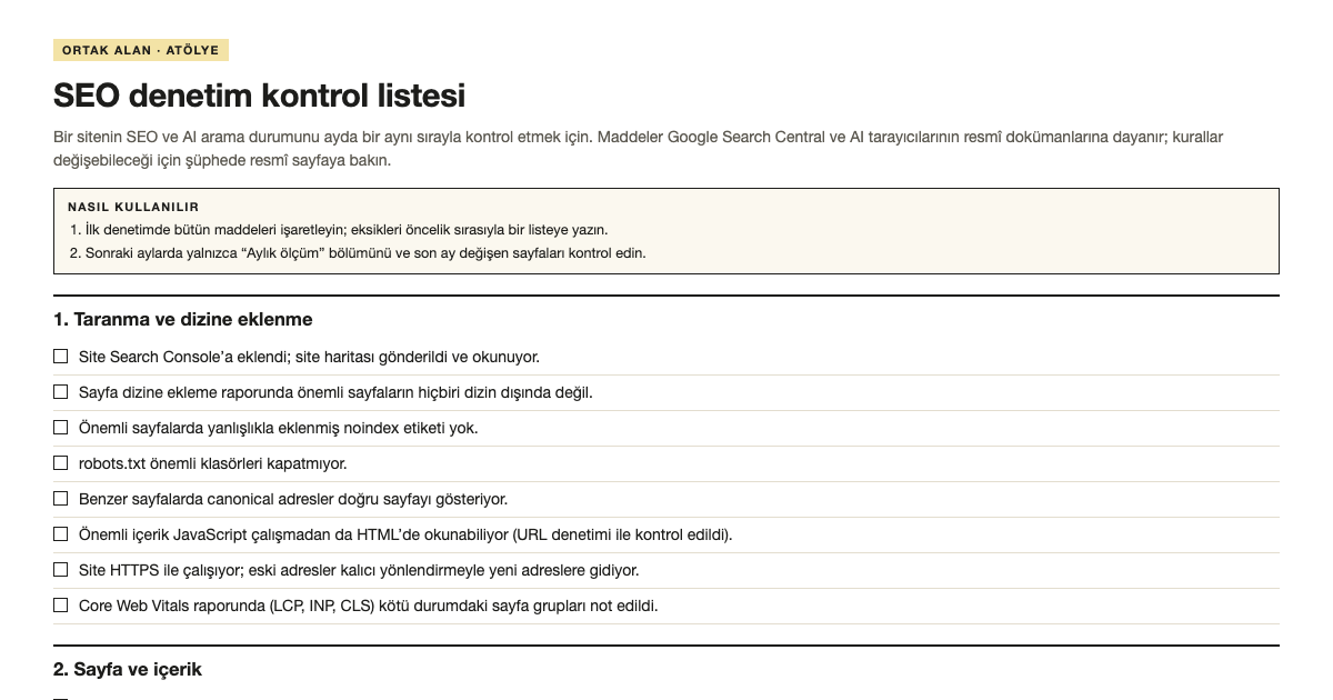 SEO denetim kontrol listesi şablonunun ilk bölümü