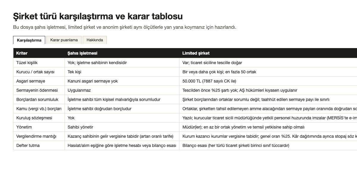 Şirket türü karşılaştırma ve karar tablosu şablonunun ilk sayfası
