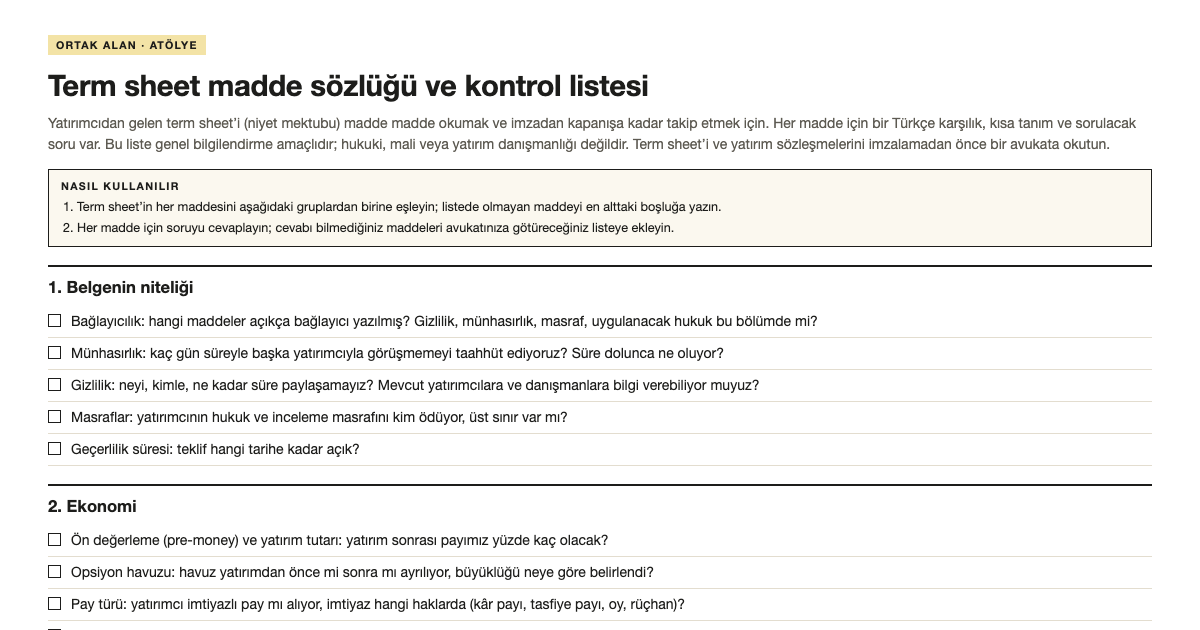 Term sheet madde sözlüğü ve kontrol listesi şablonunun ilk bölümü