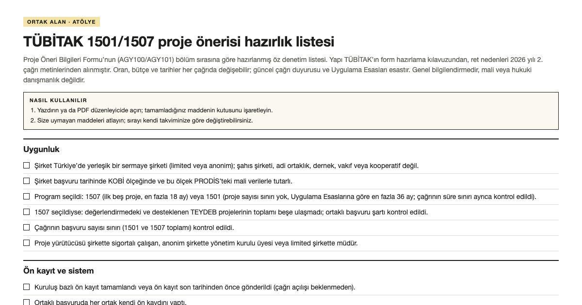 TÜBİTAK 1501/1507 proje önerisi hazırlık listesi şablonunun ilk bölümü