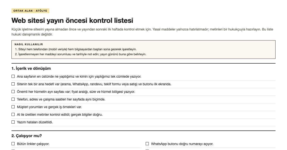 Web sitesi yayın öncesi kontrol listesi şablonunun ilk bölümü