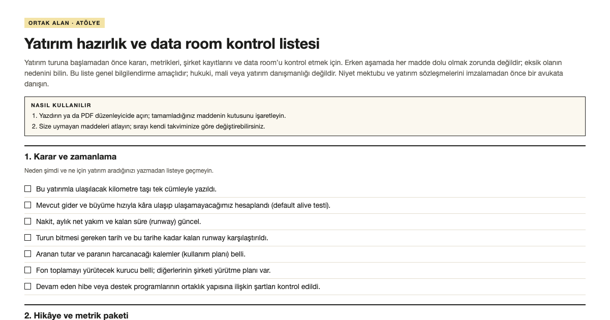 Yatırım hazırlık ve data room kontrol listesi şablonunun ilk bölümü
